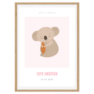 Børneplakat med navn og tekst | Cute Koala Pink