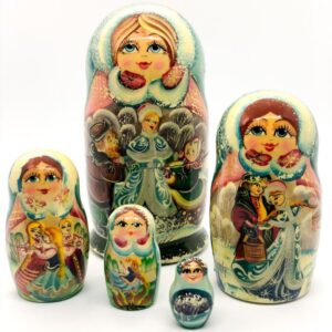 5 stk. Babushka dukker - Vintertema Lyseblå & Sølv