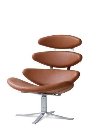 Fredericia Furniture 5000 Corona Lænestol m. Drejestel SH: 42 cm - Max Cognac 95 Læder/Børstet Krom