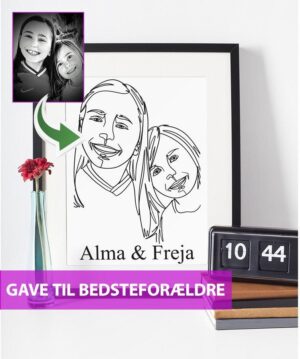 Gave til bedsteforældre - line art tegning efter dine fotos