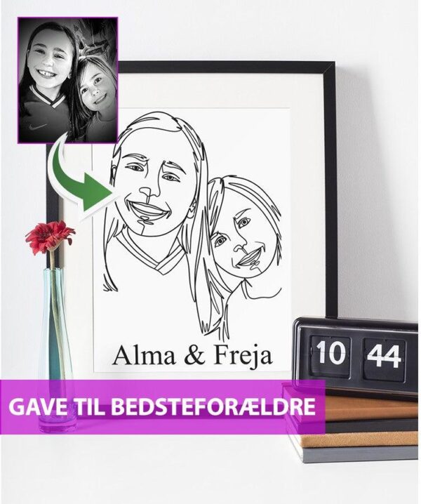 Gave til bedsteforældre - line art tegning efter dine fotos