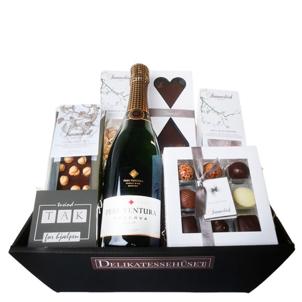 Gavekurv - 'TAK' gave med mousserende CAVA og chokolade fra Summerbird
