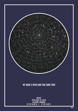 PERSONLIG STJERNEHIMMEL PLAKAT (MØRKEBLÅ) - A4 / Sort stjernehimmel / Stjernehimmel med gitter