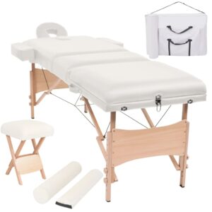 vidaXL foldbart massagebord med skammel 3 zoner 10 cm tyk hvid