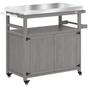 Grillvogn 3-etagers serveringsvogn med bordplade håndklædeholder, BBQ grillbord af træ, grill sidebord, udend⌀rs vogn, kulgrill