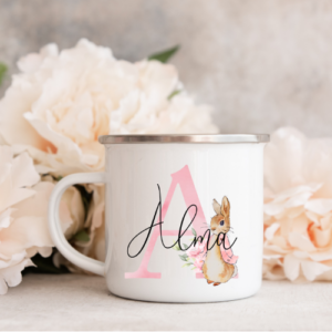 Kop med navn / Krus med navn - Peter kanin (Lyserødt bogstav) - Navn