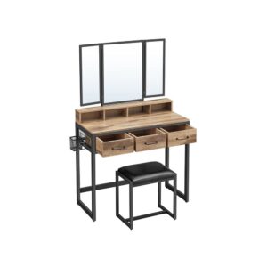 Sminkebord med 3-delt spejl og skammel 90 cm brun