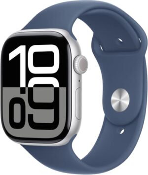 Apple Watch Series 10 Gps + Cellular 46mm Silver Aluminium Case With Denim Sport Band - S/m Sølv