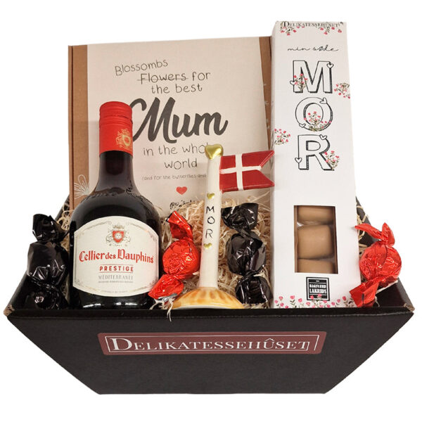 Gave til mors dag med rødvin, blomsterfrø, keramikflag og lakrids