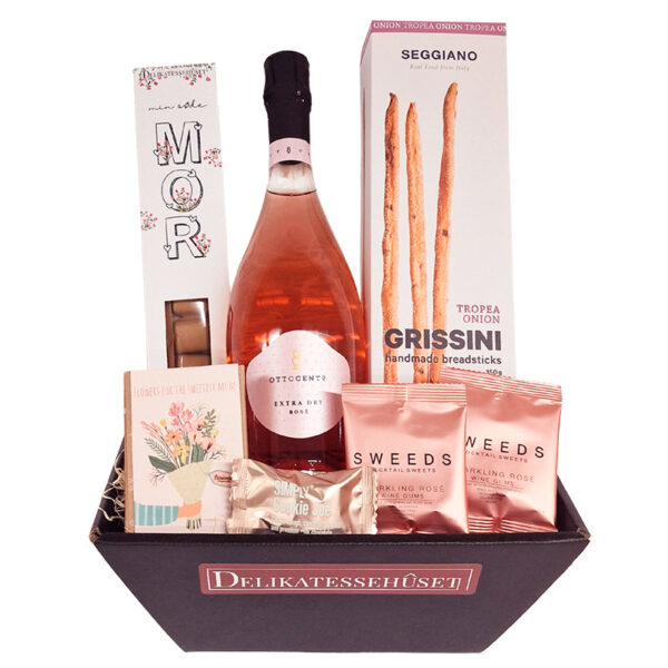 Mors dag gave med rosévin og delikatesser