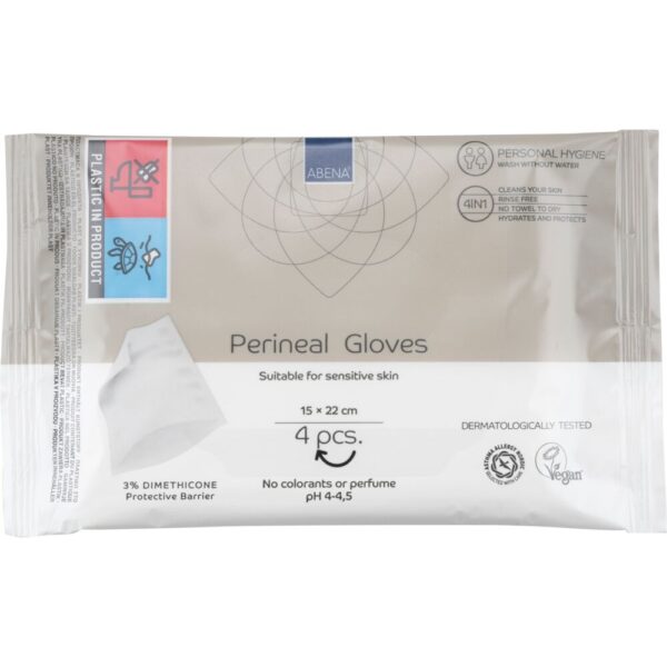 Perinealhandske, ABENA, halv-fold, 22x15cm, uden farve og parfume, med 3% Dimethicone, 4 stk., engangs, 4 stk, Personlig pleje,