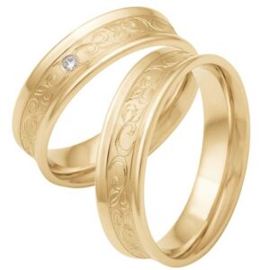 Vielsesringe i 9 kt. Guld med Diamant og Graveret Bladranker - 0,03 ct.