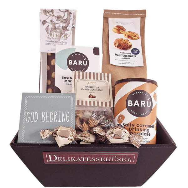 Gavekurv - send en 'God bedring'-gave med brødblanding, varm kakao & chokolade