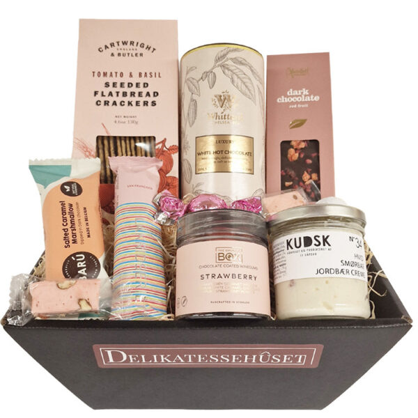 Gavekurv - sød lyserød gave m. kakao, chokolade og lakrids