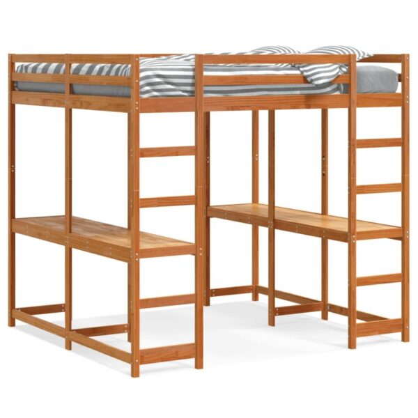 Højseng med skrivebord 160x200 cm massivt fyrretræ gyldenbrun