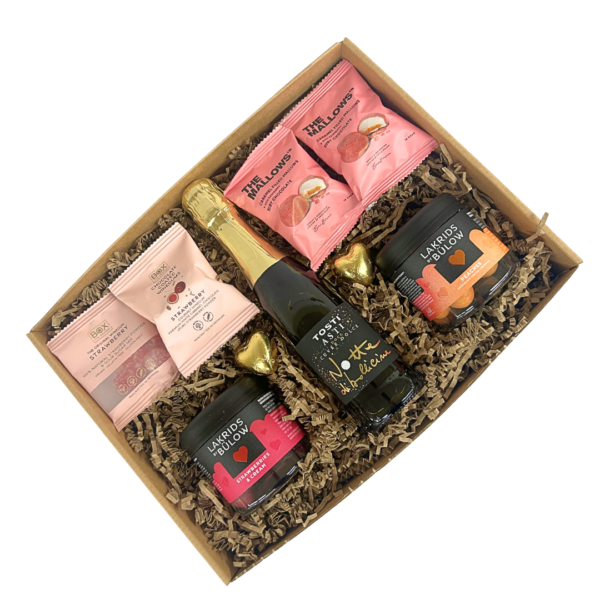Gave til hende til Valentinsdag Luksus gaveæske med bobler, chokolade & lakrids