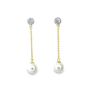 8kt guld perleøreringe med kæde og zirkonia