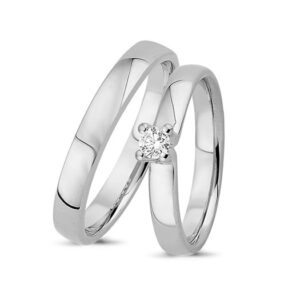 Vielsesringe i 14 kt hvidguld m 1 brillant på 0,14 ct.