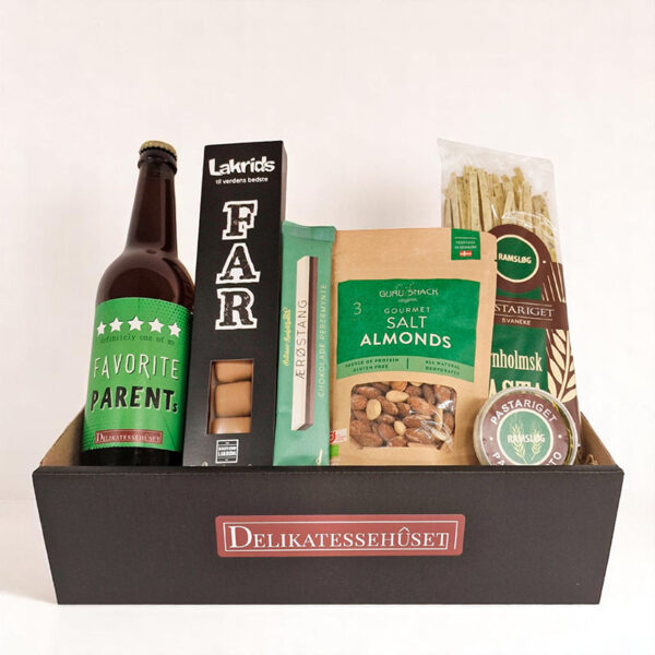 Gavekasse til fars dag med øl og delikatesser
